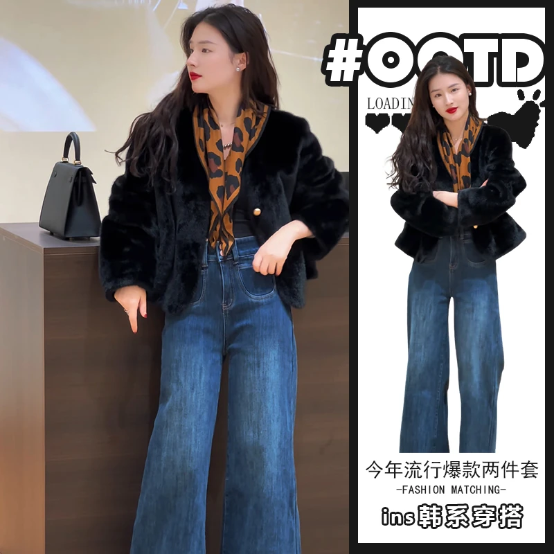 美式别致显气质两件套装女冬季新款时尚保暖短外套高腰遮胯牛仔裤