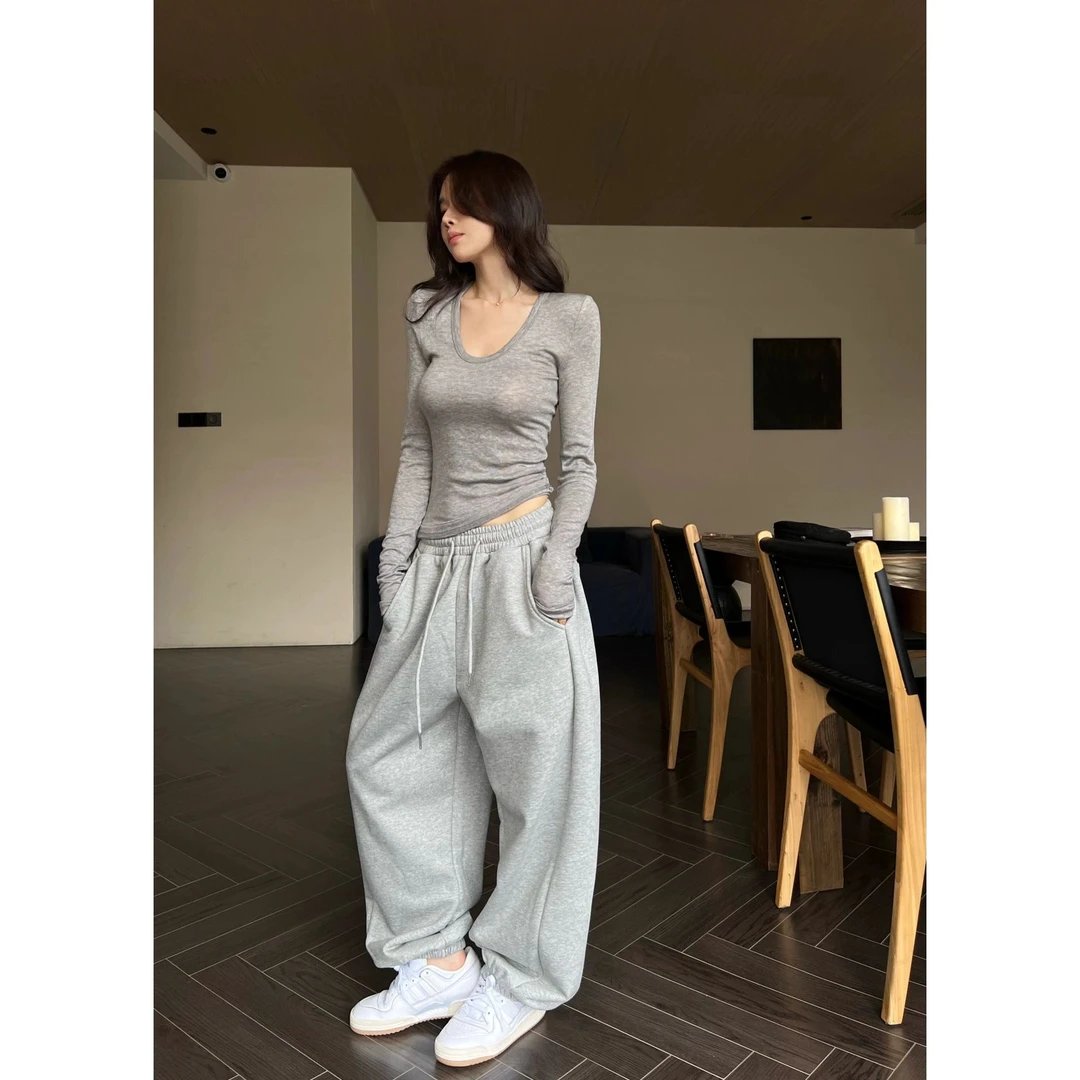 修身长袖U领T恤女秋季2024新款紧身辣妹打底衫内搭韩系正肩上衣潮