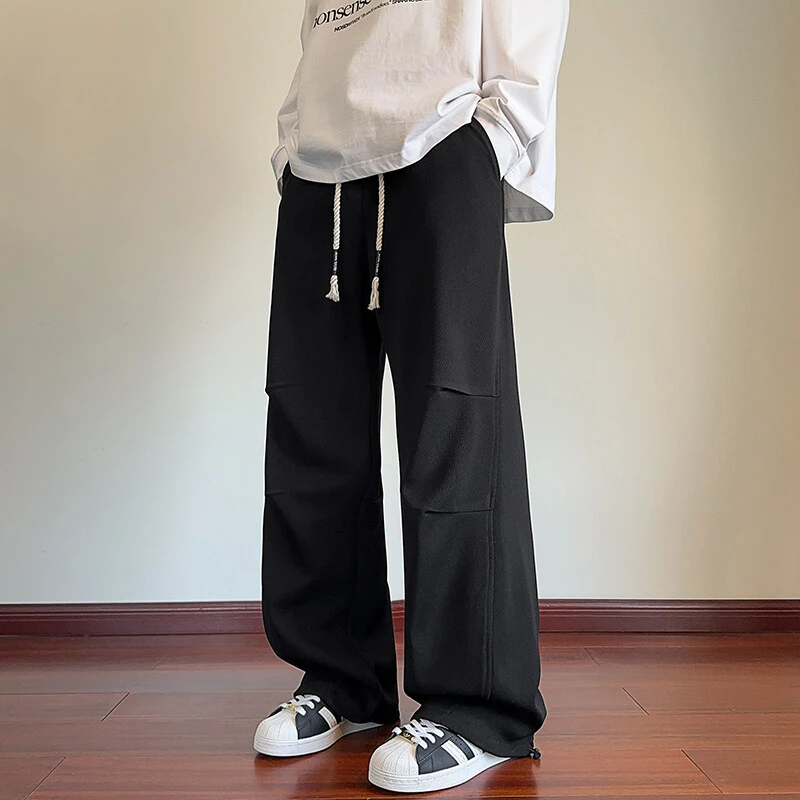 引创新款2025春季港风宽松大码褶皱拖地休闲裤子男潮流百搭阔腿裤