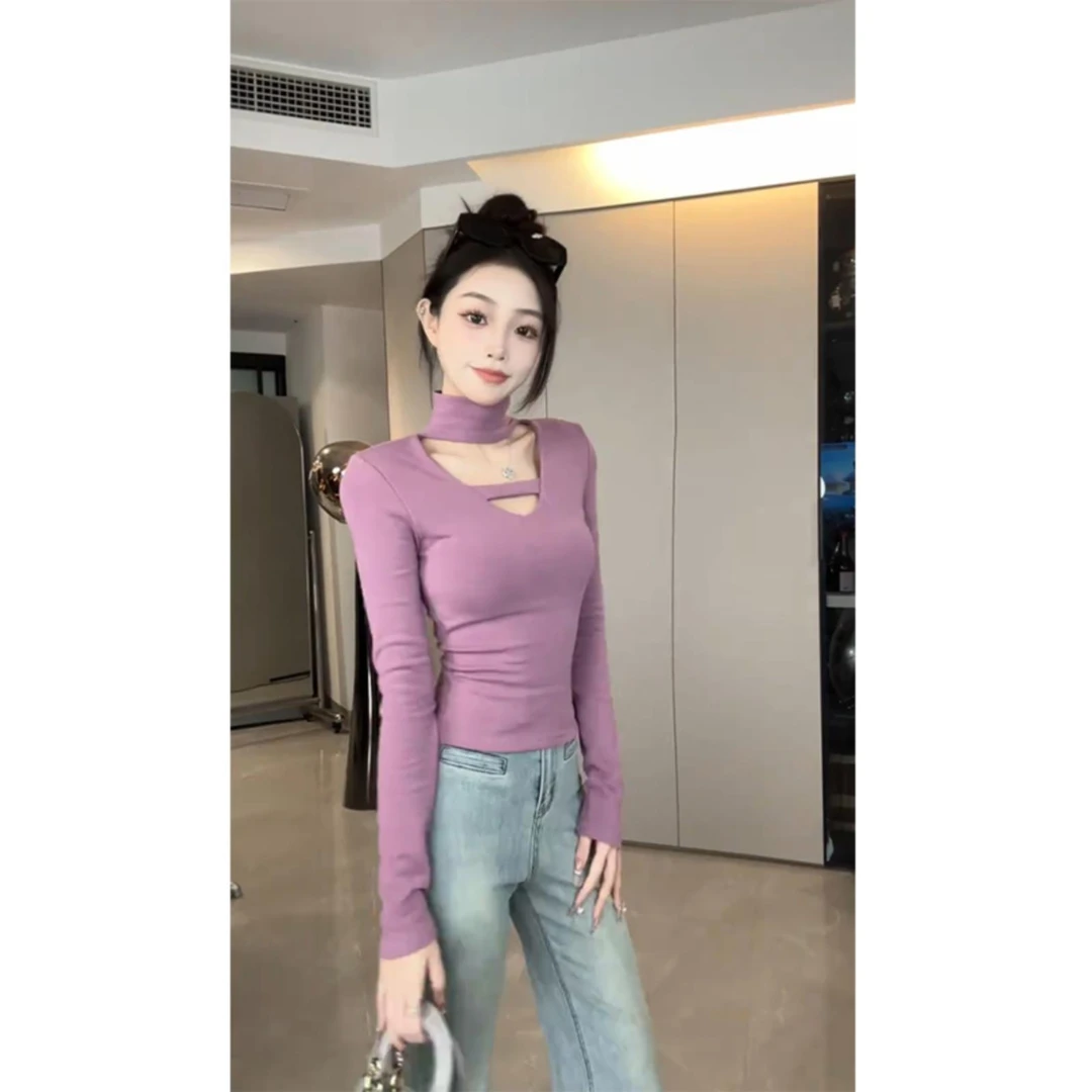 紫色挂脖内搭加厚磨毛打底衫上衣2025年秋冬新款春秋长袖t恤女装