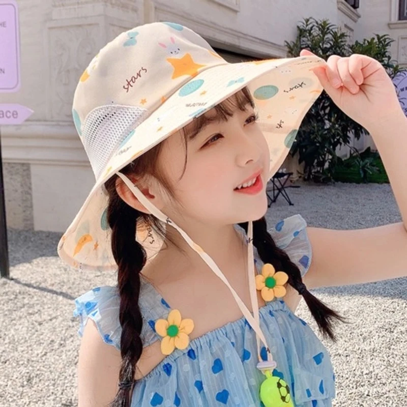 儿童遮阳帽夏季女童防晒渔夫帽男童网眼透气太阳帽中大童沙滩帽子