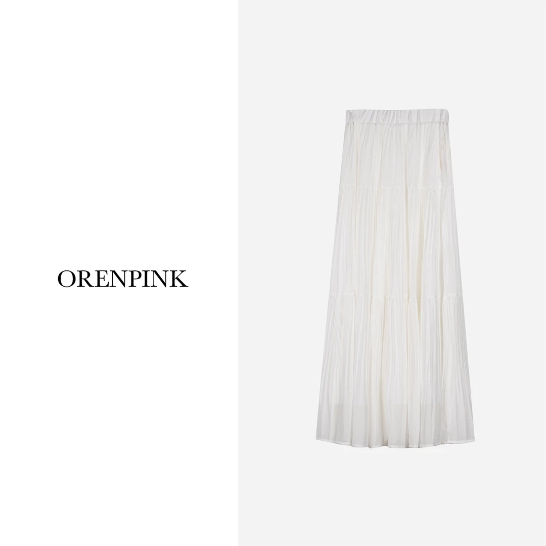 OREN PINK/奥粉25年新款“假日”法式优雅时尚气质压褶女装长半裙
