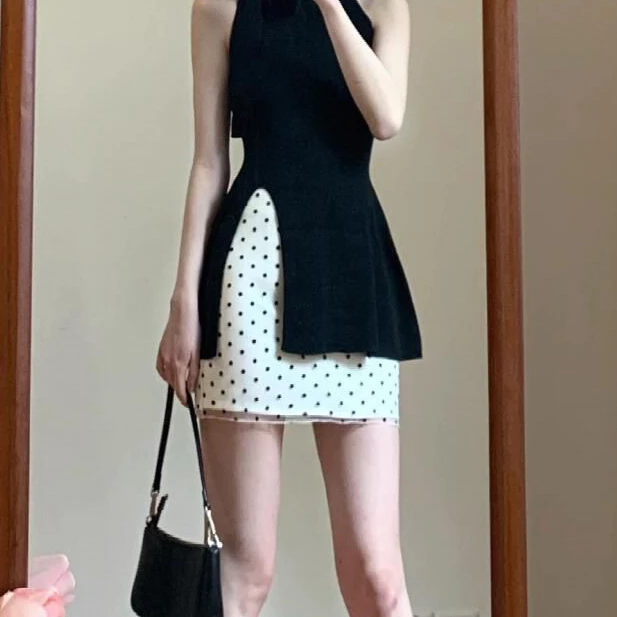 现货 黑色系带蝴蝶结无袖开叉背心女夏季外穿甜辣上衣半身裙套装1