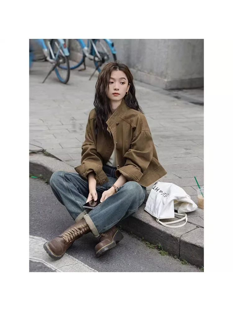 复古咖色牛仔短外套女2025春秋新款设计感宽松立领工装夹克上衣潮