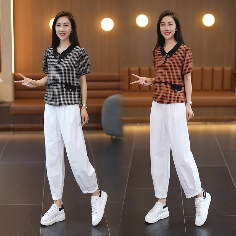 显瘦条纹常规格子纽扣遮肚洋气翻领时尚女装减龄