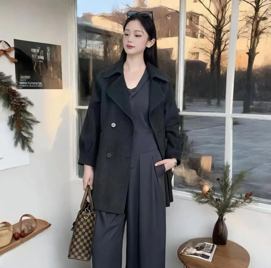 法式休闲毛呢外套秋冬气质西装linlinfs大衣中长款