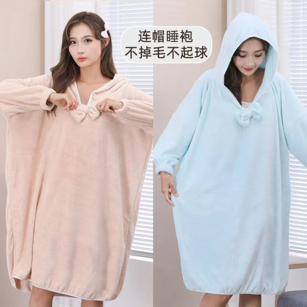 女士秋冬家用可穿式珊瑚绒浴巾浴袍柔软吸水速干成人洗澡睡袍