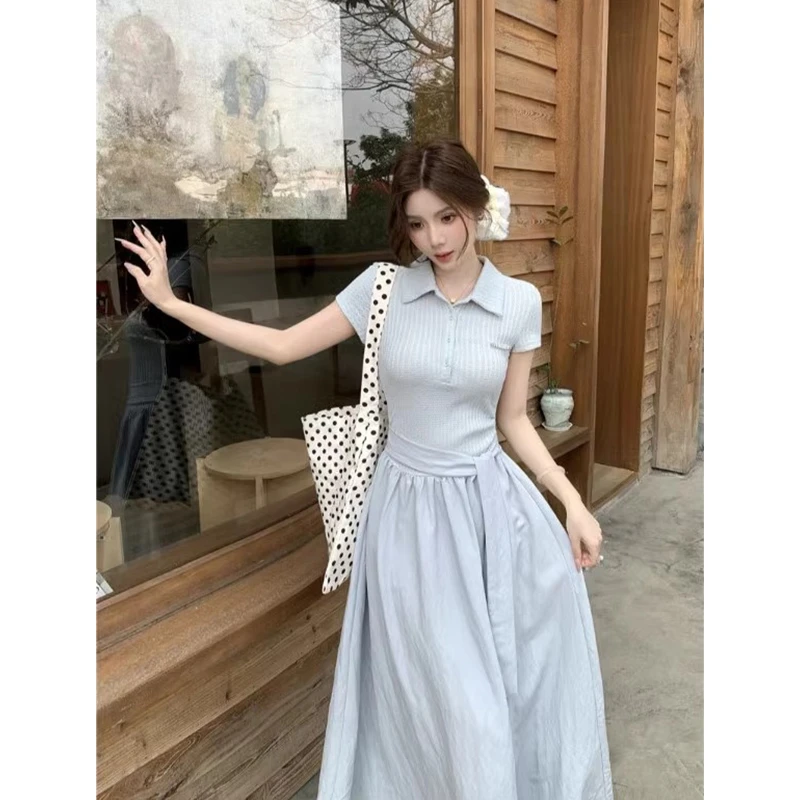 蓝色休闲短袖连衣裙女装夏季新款赫本风高级感修身显瘦T恤裙长裙