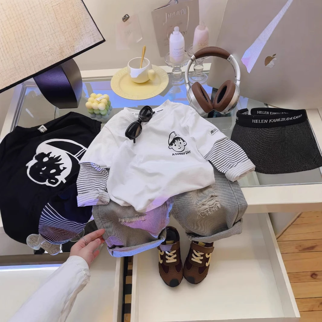 儿童男女童上衣T恤长袖假两件新款春秋中小童宝宝衣服打底衫潮t