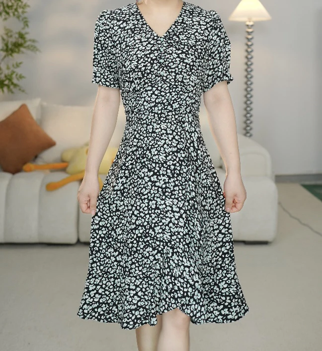 X033连衣裙碎花时尚轻奢小香风法式长款娃娃领减龄夏季显瘦