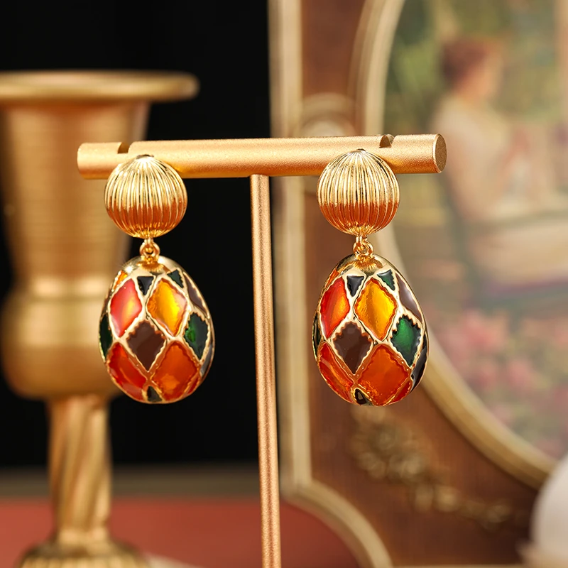 铜合金锆石耳饰 中古vintage彩釉椭圆耳坠复古宫廷风几何耳环