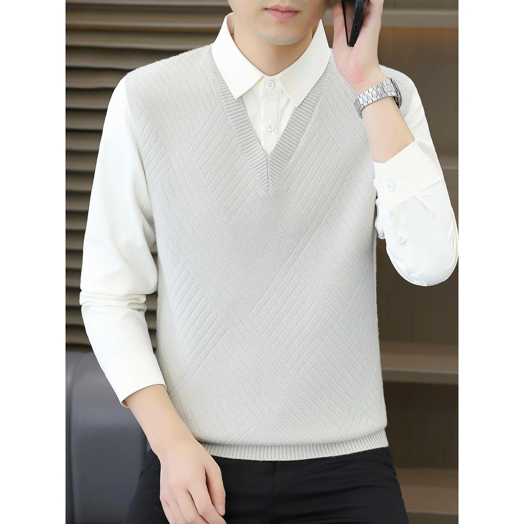 秋冬季衬衫领毛衣男士时尚假两件针织打底高品质商务休闲马甲上衣