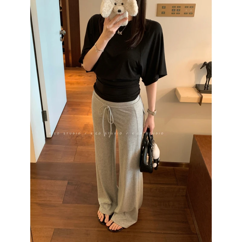 e go studio 宽腰头中低腰专机走线直筒显瘦休闲裤女夏长款喇叭裤