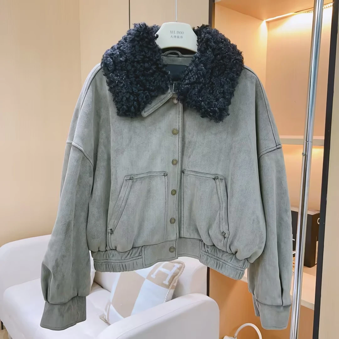 丨早秋新款卡其色可拆卸毛领宽松落肩保暖短款外套 5711