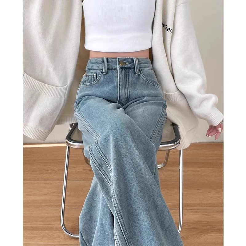 浅蓝色阔腿牛仔裤女春秋2025年新款小个子高腰显瘦宽松拼接直筒裤