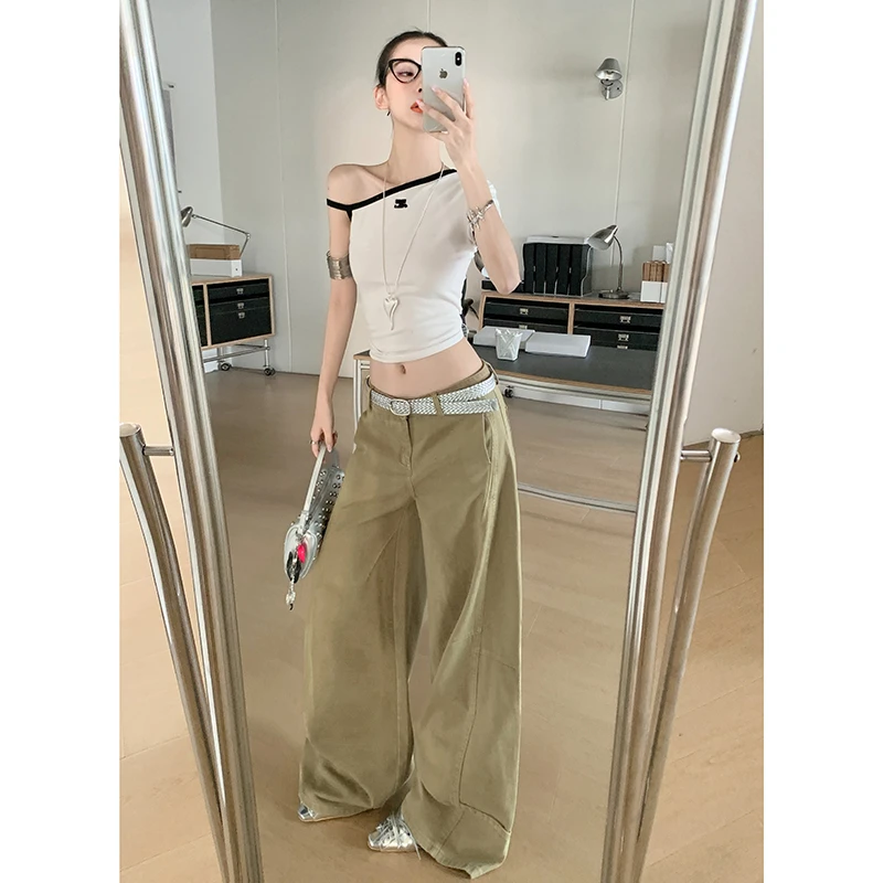 2025夏季百搭卡其色工装阔腿牛仔裤新款美式设计感宽松直筒弯刀裤
