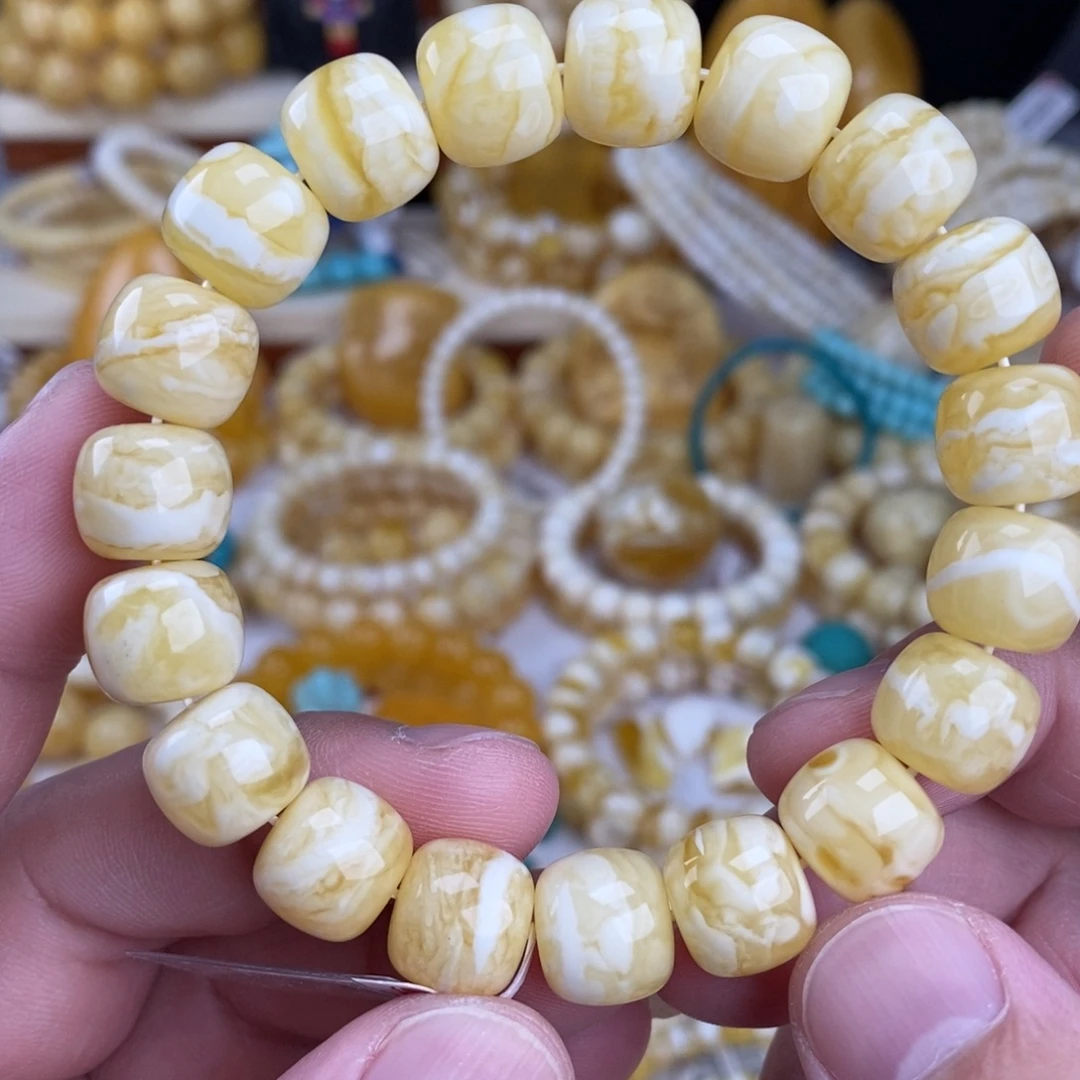 蜜蜡未镶嵌手链瓷白细纹白底虎皮纹12.5mm
