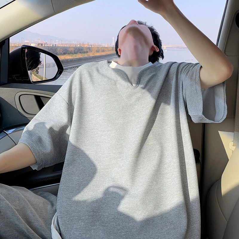 假两件华夫格V领短袖t恤男夏季宽松重磅衣服潮牌情侣痞帅半袖体恤