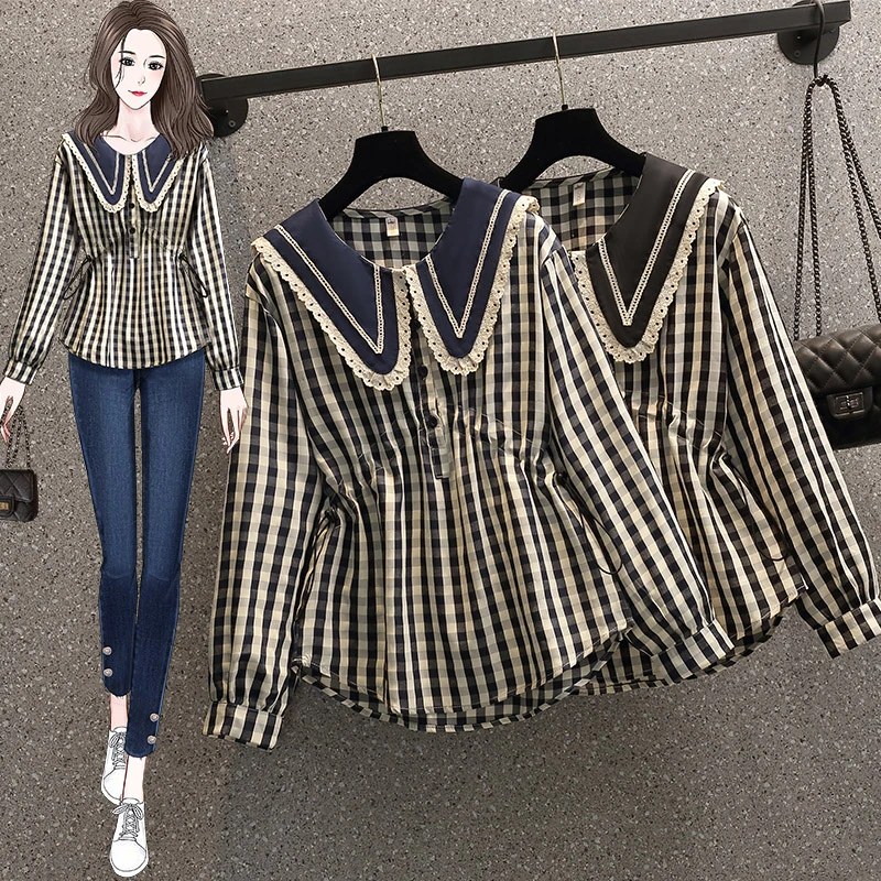 3564娃娃领新款抽褶设计感蕾丝拼接海军风收腰长袖衬衫2252