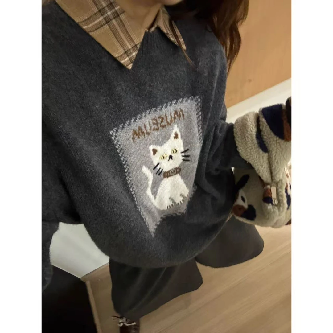 波斯猫」可爱减龄~秋冬圆领卡通猫咪刺绣针织衫宽松显瘦毛衣-5606