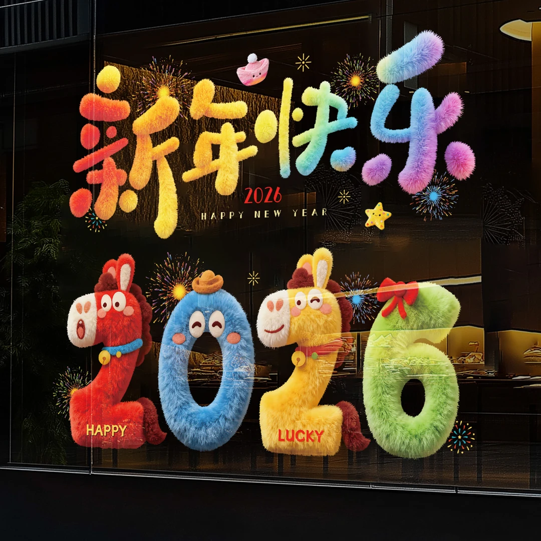 2026新款静电马年玻璃贴免胶静电马年窗花卡通大门贴春节墙贴装饰