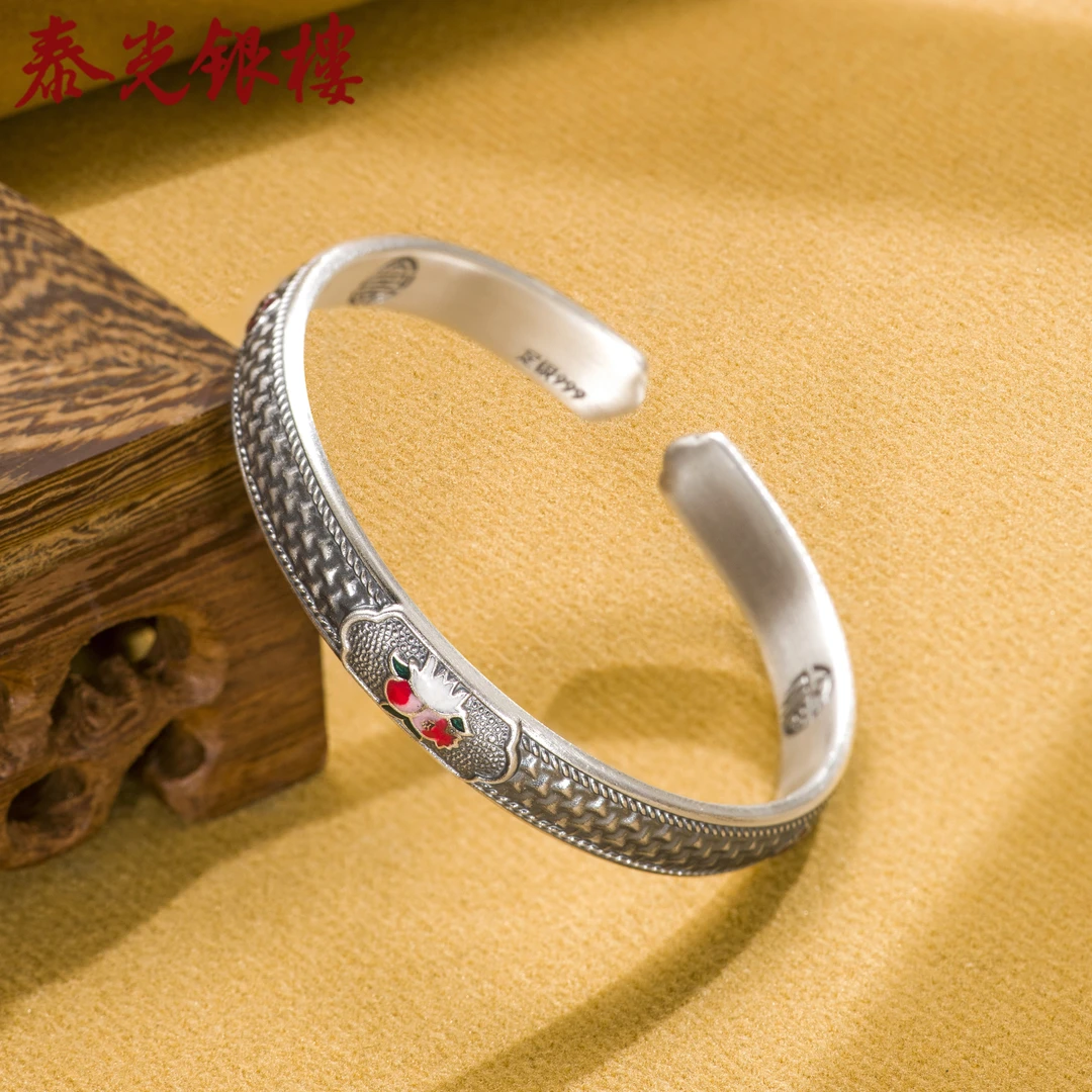 泰光银楼 足银珐琅手镯 阿海设计999多福多籽多寿开口手镯民族风