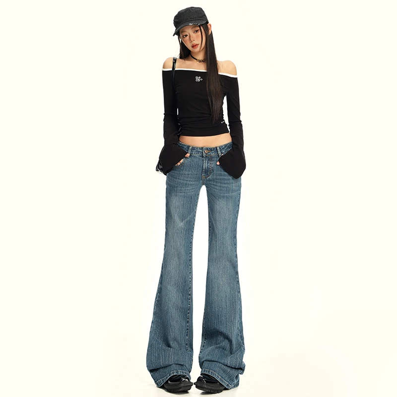 竹节纹设计感复古微喇牛仔裤女2025秋季新款显瘦宽松拖地喇叭裤