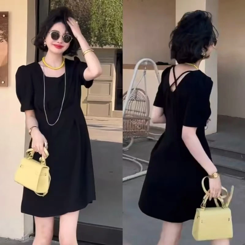 夏季复古简约新款薄款裙子气质2025收腰显瘦连衣裙遮肚通勤短裙女