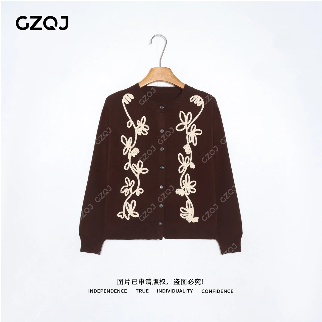 老琴私服【棕野花叙】琥珀流光风100绵羊毛立体钩花针织衫毛衣8080