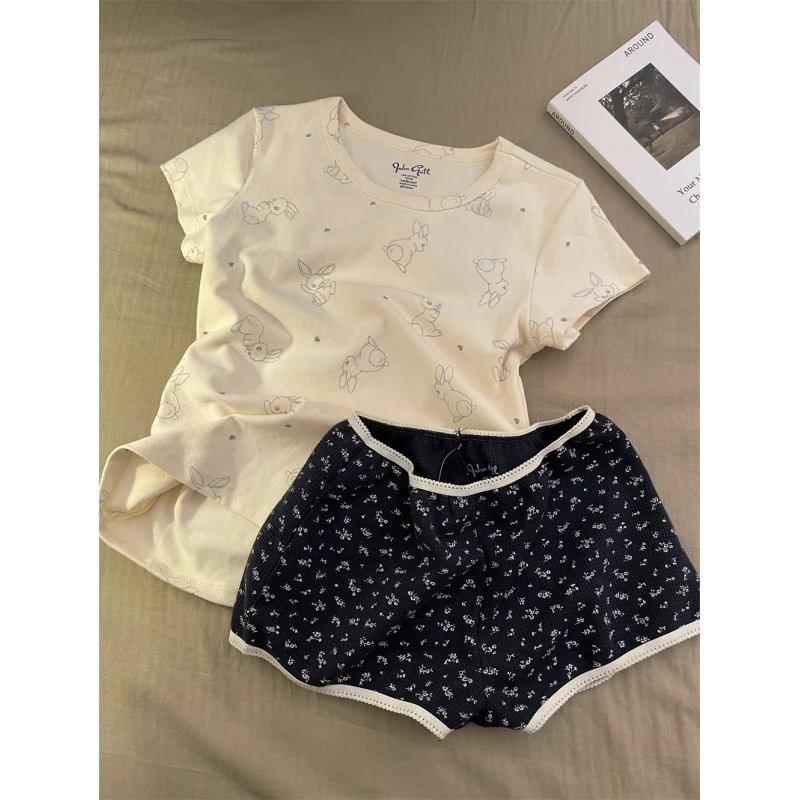 少女可爱卡通兔子印花睡衣女春夏季新款短袖短裤家居服套装可外穿