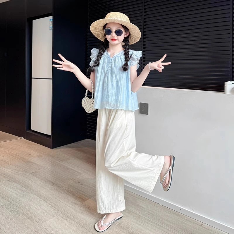 女童夏季套装2025新款洋气大童小飞袖衬衫薄款时髦夏装儿童阔腿裤