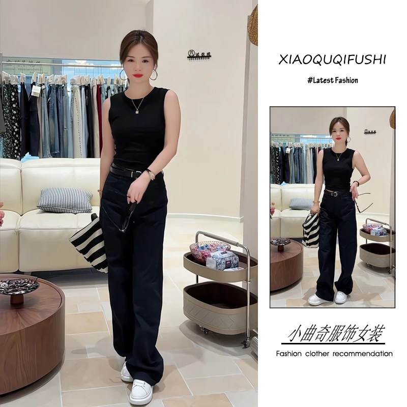 夏季流行穿搭整套新款2025韩系减龄气质简约无袖上衣阔腿裤两件套
