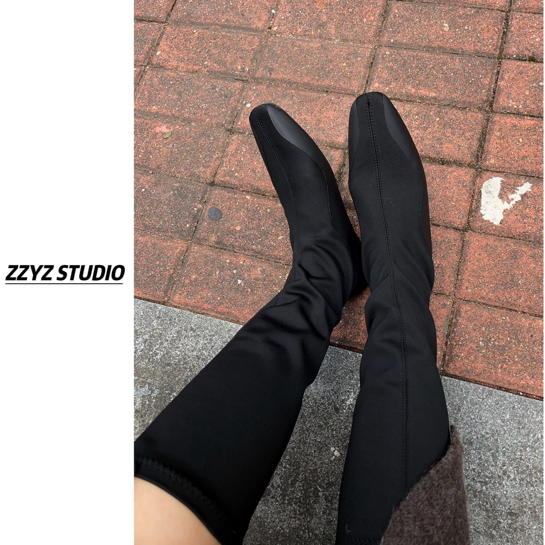【ZZYZ】韩版拼接方头平底弹力瘦瘦长靴显瘦百搭长靴