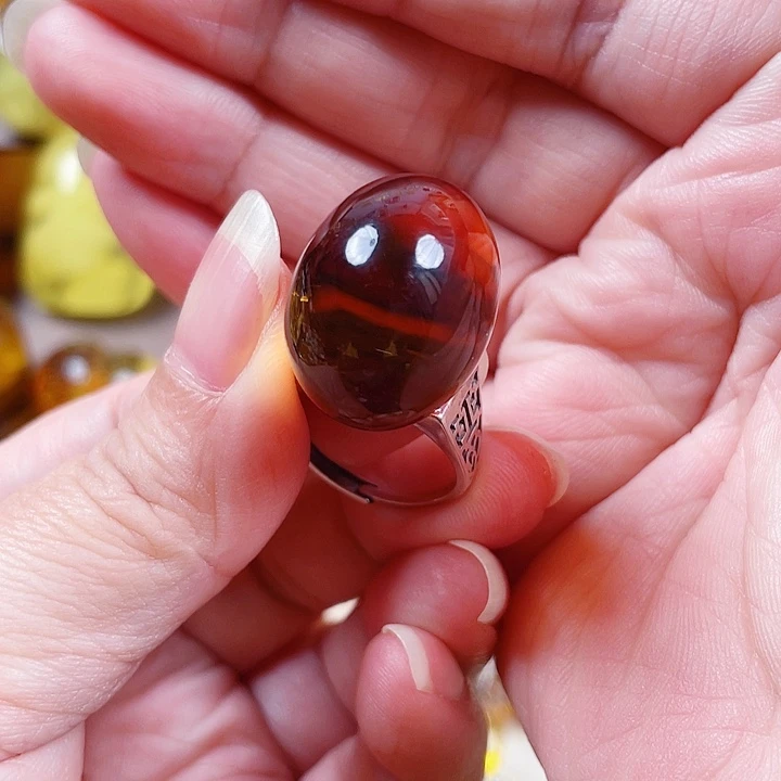 卍***卍琥珀银S925镶嵌裸石戒指