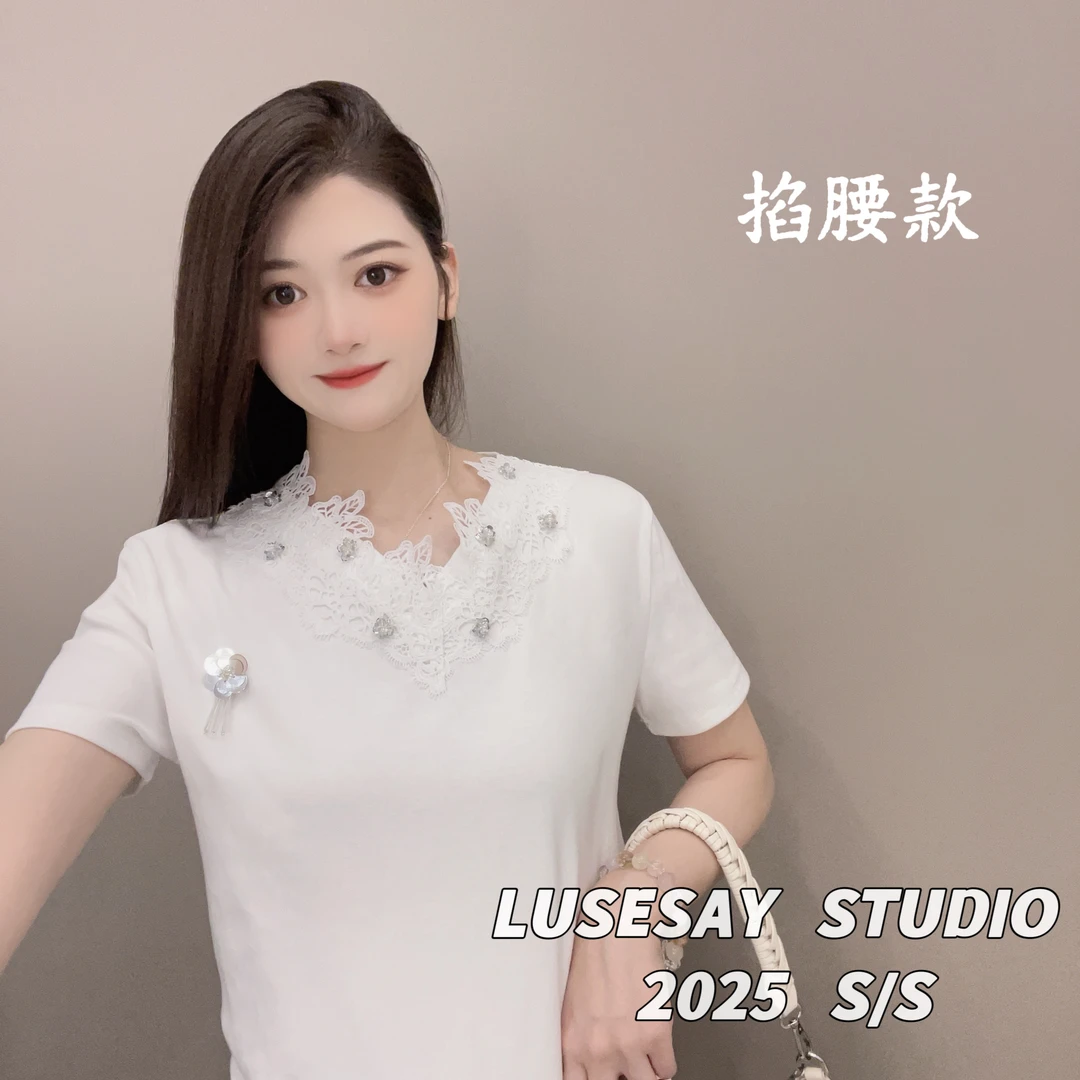 LUSESAY V领拼接蕾丝刺绣花 夏季2025新款 短袖t恤女百搭休闲上衣