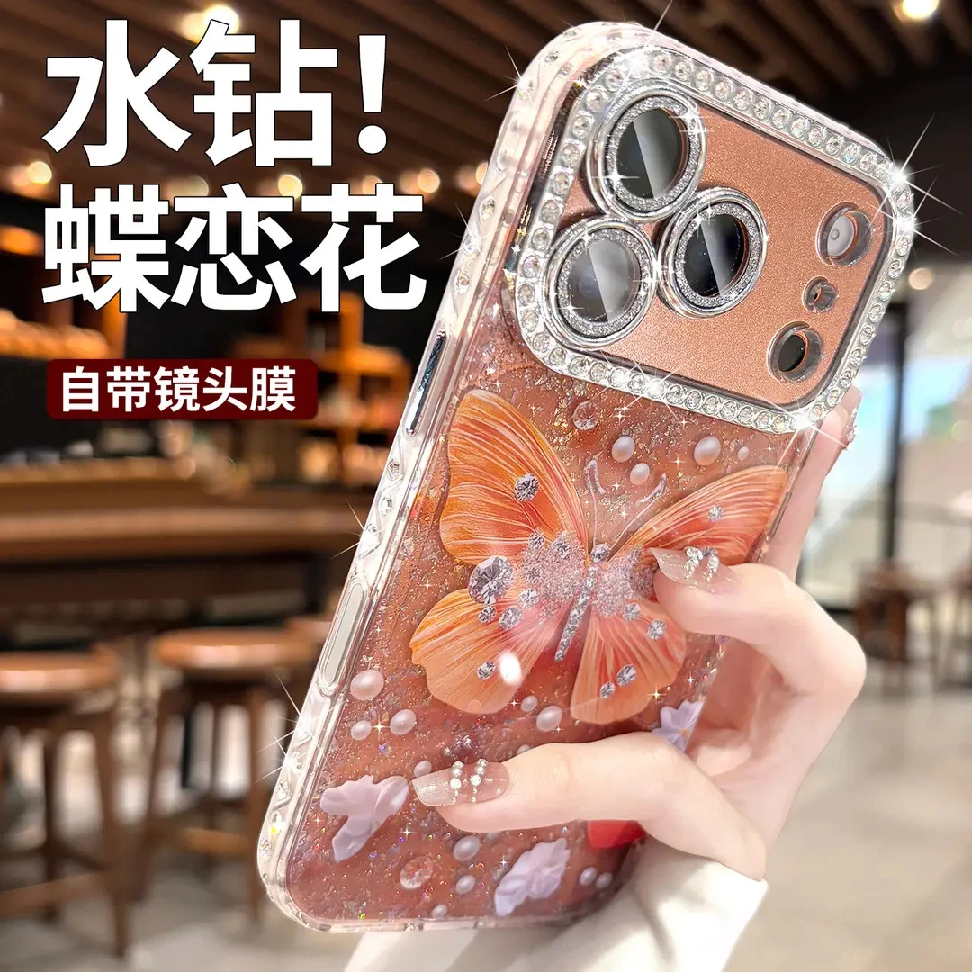适用苹果17promax手机壳新款iPhone16闪粉镜头膜15pro套14女款13