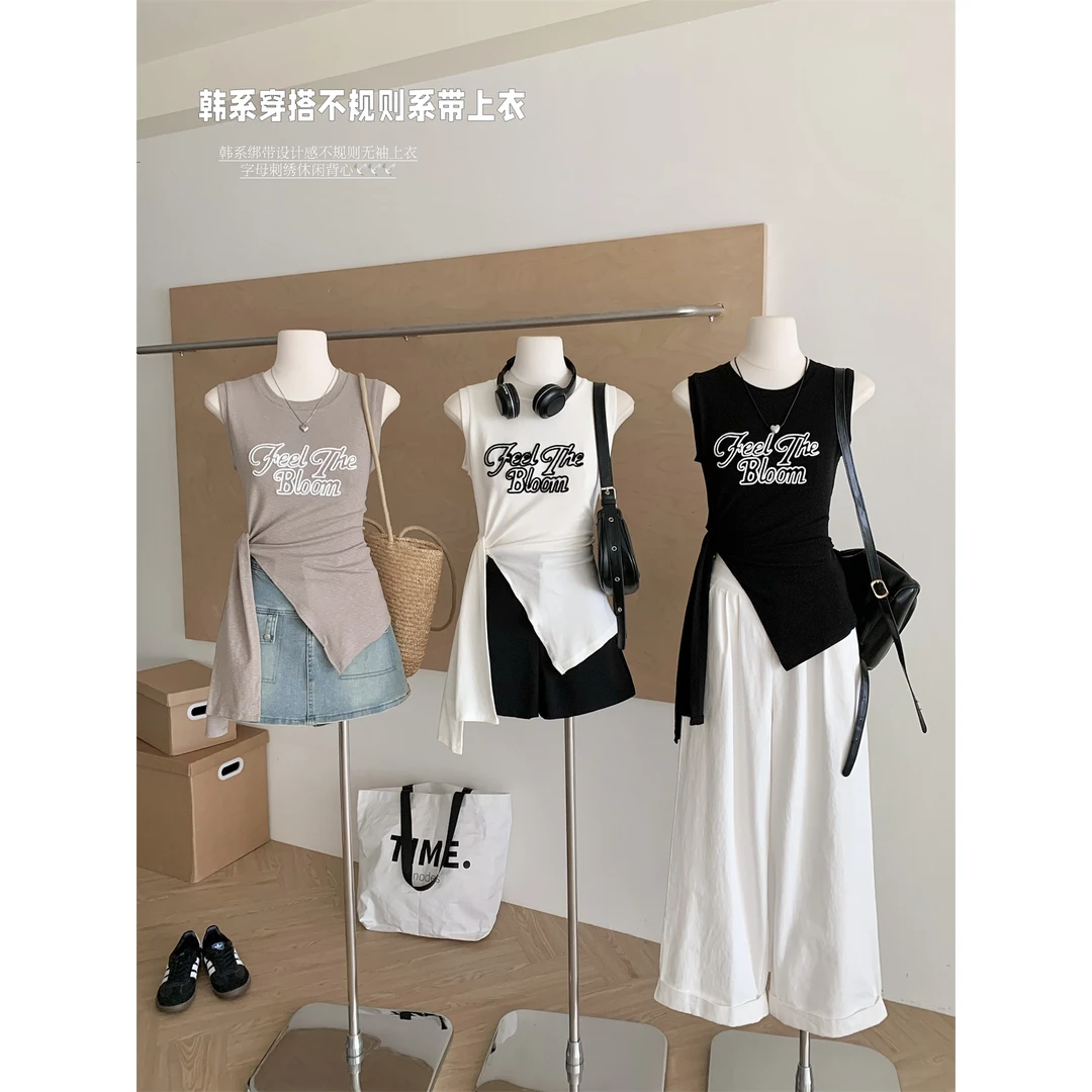 夏日气质穿搭不规则绑带无袖绣花字母背心女2025新款辣妹外穿上衣