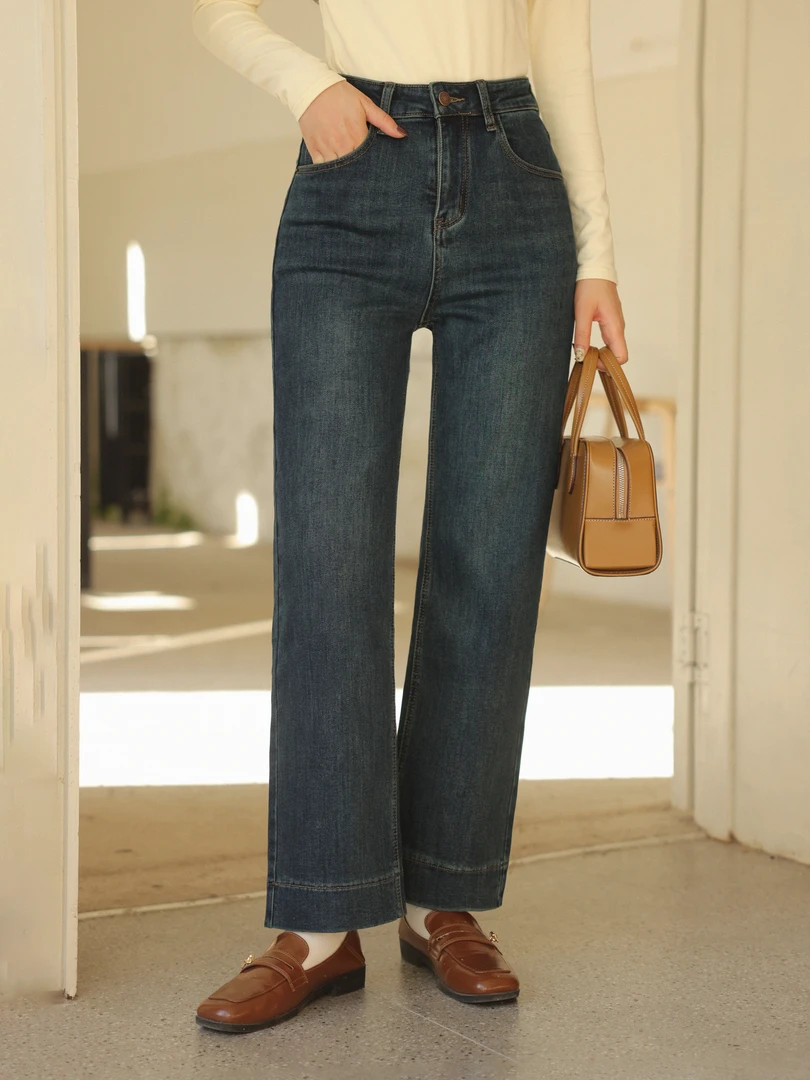 H瞌睡兔【清苍】复古加绒直筒牛仔裤女冬阔腿裤高腰显瘦长裤247013