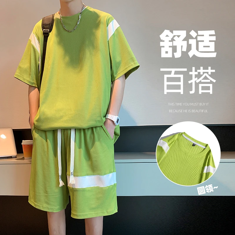 青少年潮流百搭运动套装男款插色T高品质休闲圆领短袖短裤套装