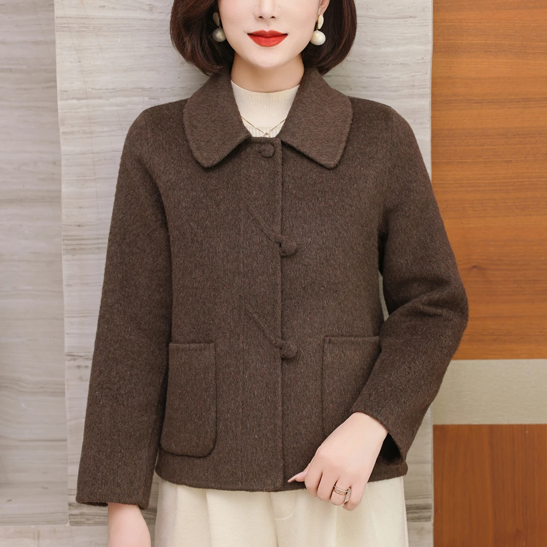 女士100纯羊毛开衫2025新款女装翻领上衣时尚高级感呢子短款外套