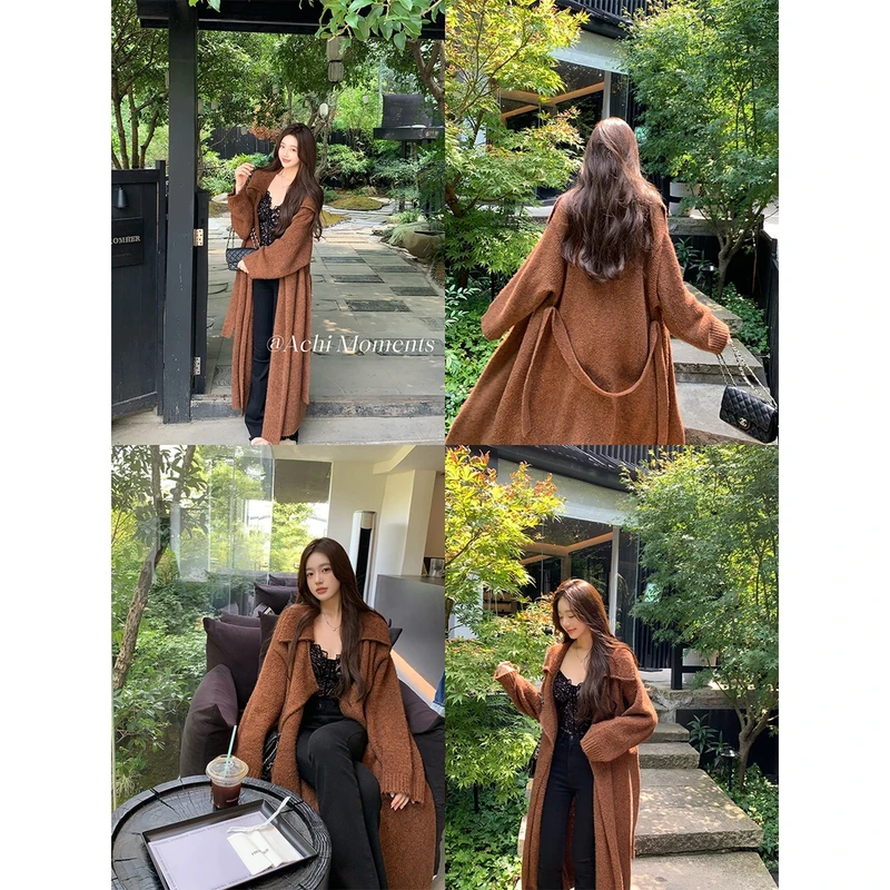 ACHI大也池◆腔调老钱~软糯翻领长款秋冬百搭中通勤针织开衫