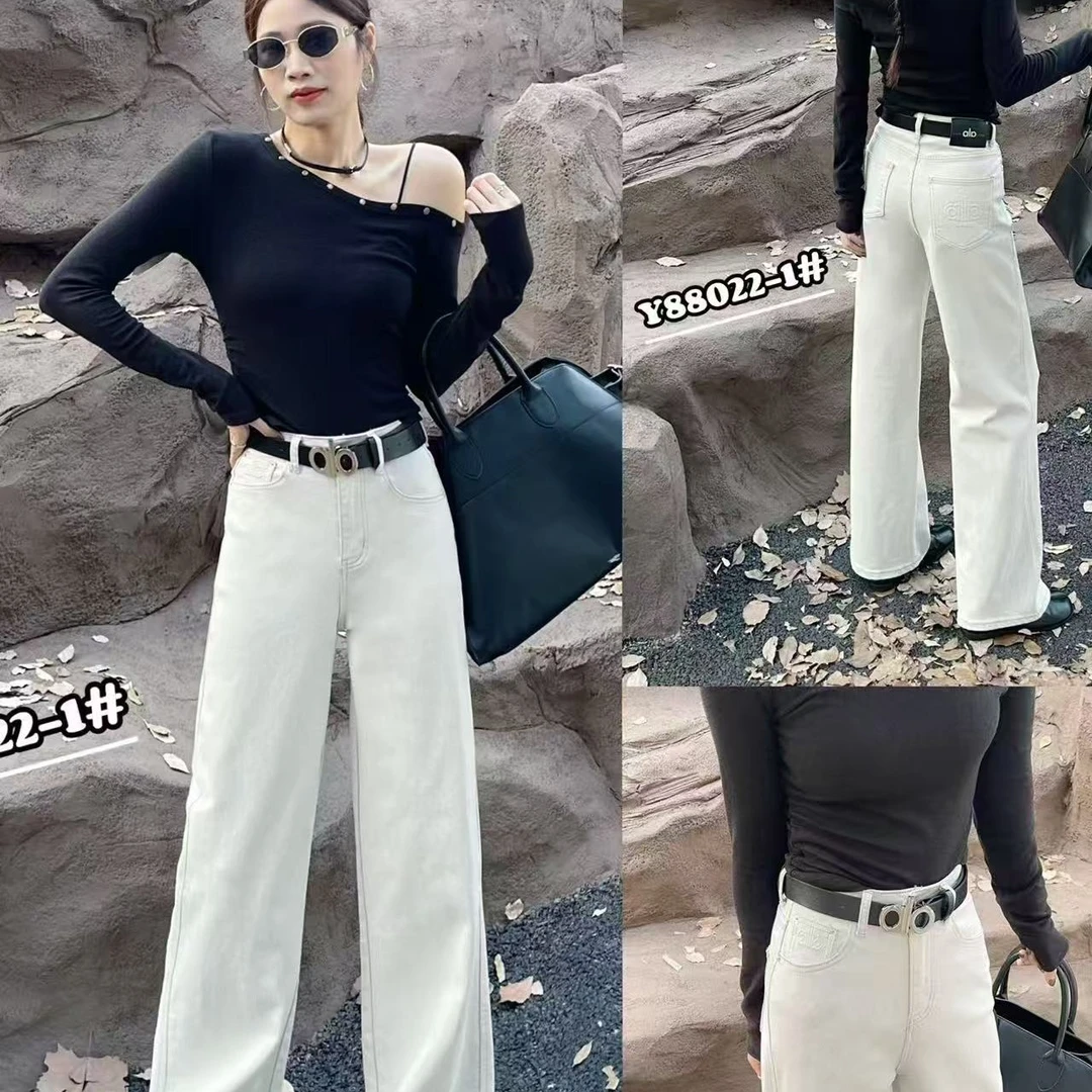 【88022】灰白色高腰显瘦宽松直筒牛仔裤百搭裤子阔腿裤