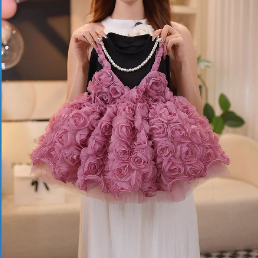【汐】紫色玫瑰小众设计秋季新款女童蓬蓬软纱花朵褶皱公主连衣裙