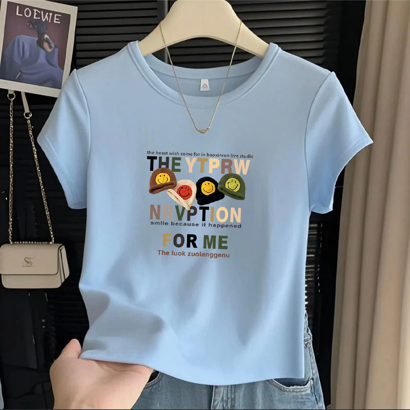 夏季薄款2025新款100%纯棉短款圆领T恤女印花短袖设计感洋气上衣