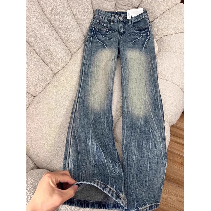 做旧水洗闪电纹牛仔裤男款潮牌痞帅美式vibe裤子高街直筒微喇叭裤