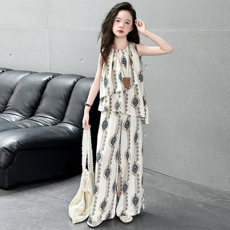 女童套装夏装2025韩版洋气儿童波西米亚两件套大童无袖背心阔腿裤