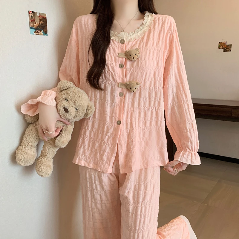 【带胸垫一体】睡衣女款春秋季2025新款长袖长裤可爱小熊家居服套装