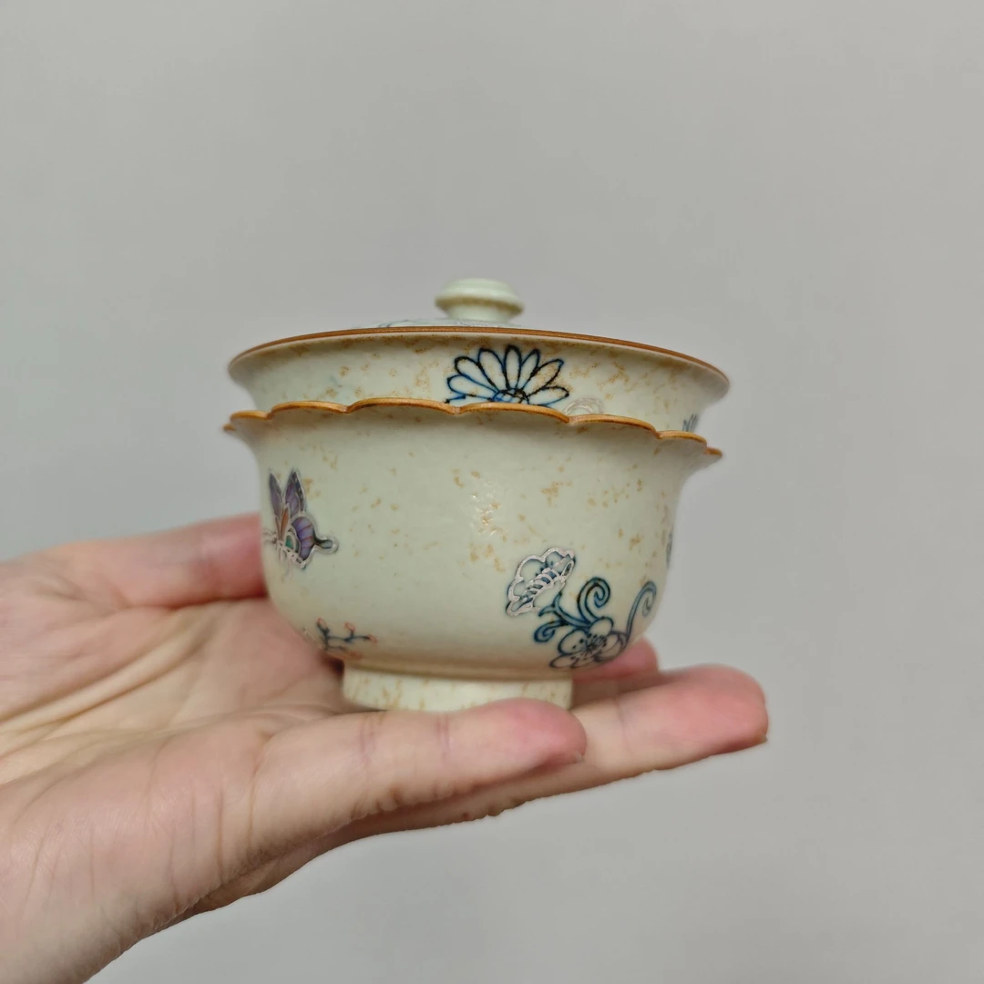 雨古雏菊蓝藤花一盖碗一杯