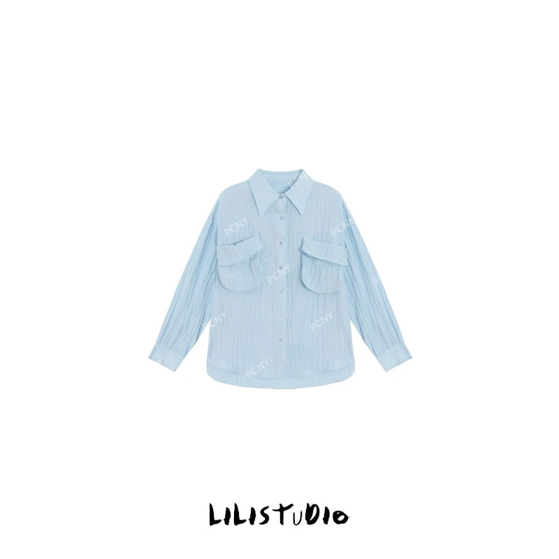 「沁蓝褶影」不理理夏季新款小众女装轻薄褶皱大口袋衬衫防晒衫