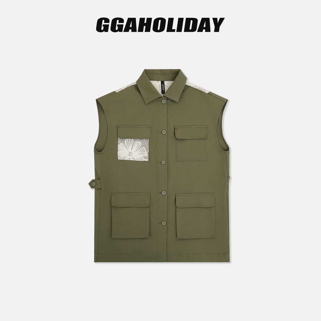 GGAHOLIDAY时尚休闲宽松舒适蕾丝拼接潮流多口袋无袖马甲-154033